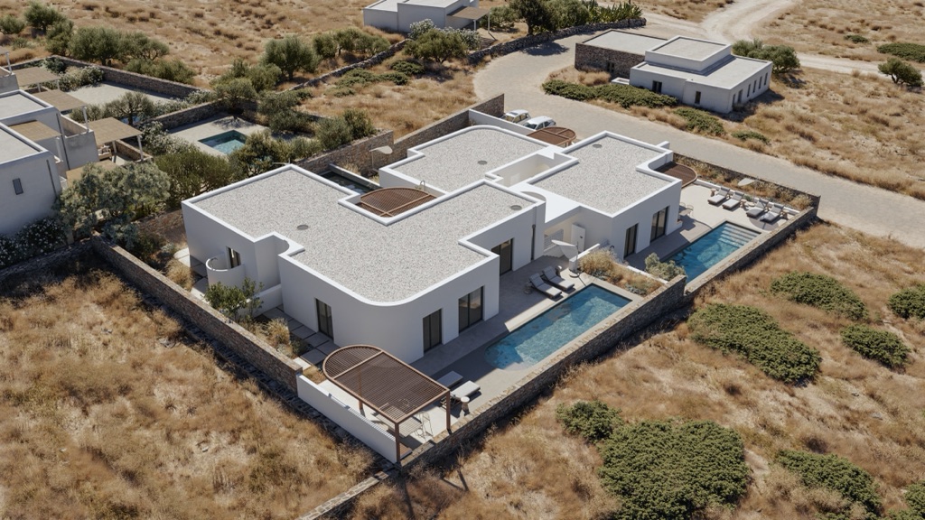 Aerial view of Rastonee tucked into Antiparos hills, surrounded by olive shrub and quiet roads.