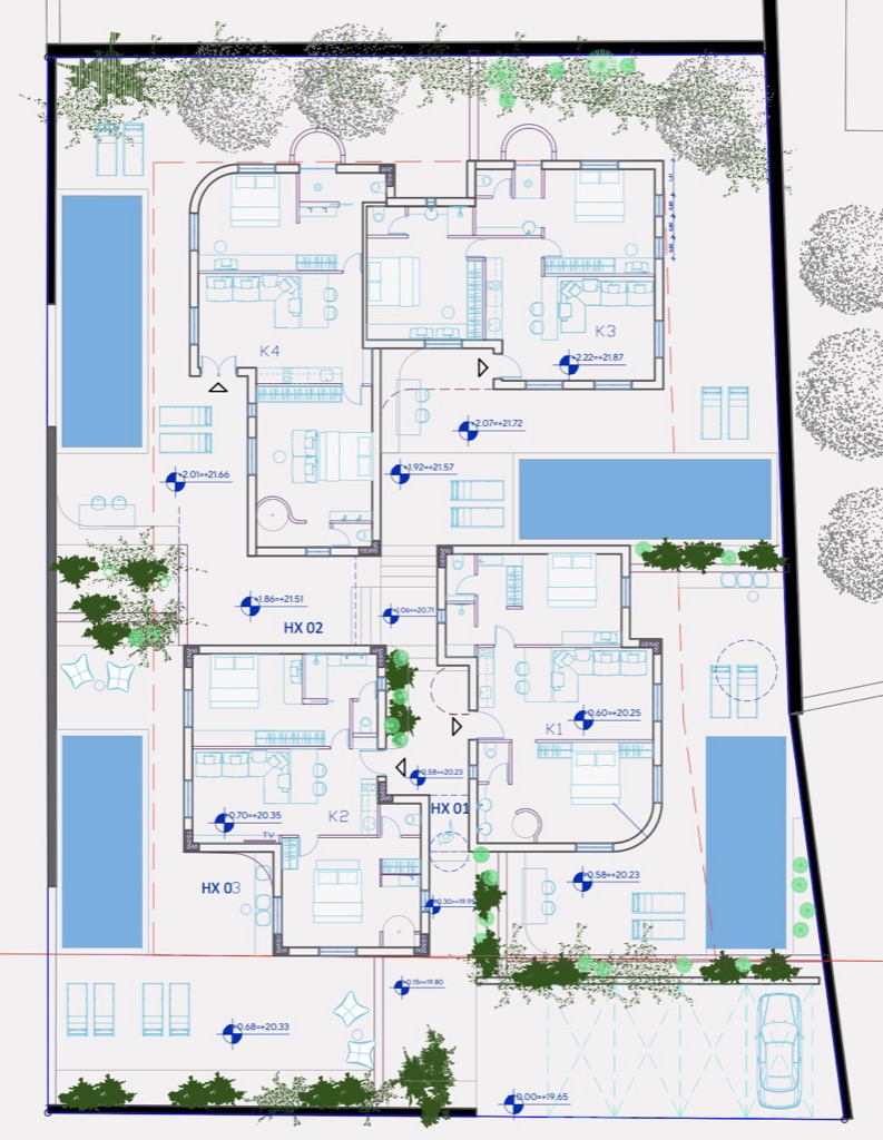 Site and floor plan of the four-residence Antiparos compound.