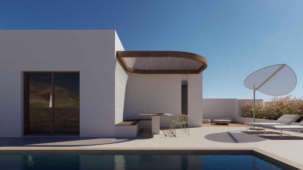 Pool with a curved sun-shade, building beyond at midday.