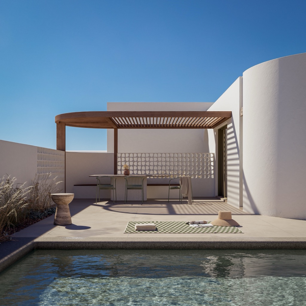 Pool terrace at midday with a wooden pergola and breeze-block screen.
